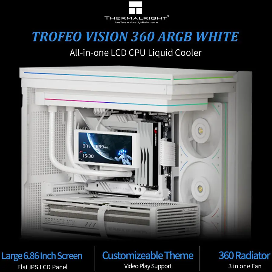 Thermalright Trofeo Vision 360 ARGB Black Liquid CPU Cooler, 6.86-Inch Magnetic IPS LCD Screen, 2400x1080 Resolution, Intel LGA1700/1851, AMD AM4/AM5