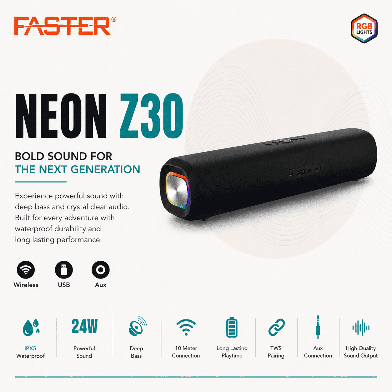 FASTER Neon Z30 Wireless Speaker – RGB Lights | Powerful Bass | Bluetooth Portable Speaker