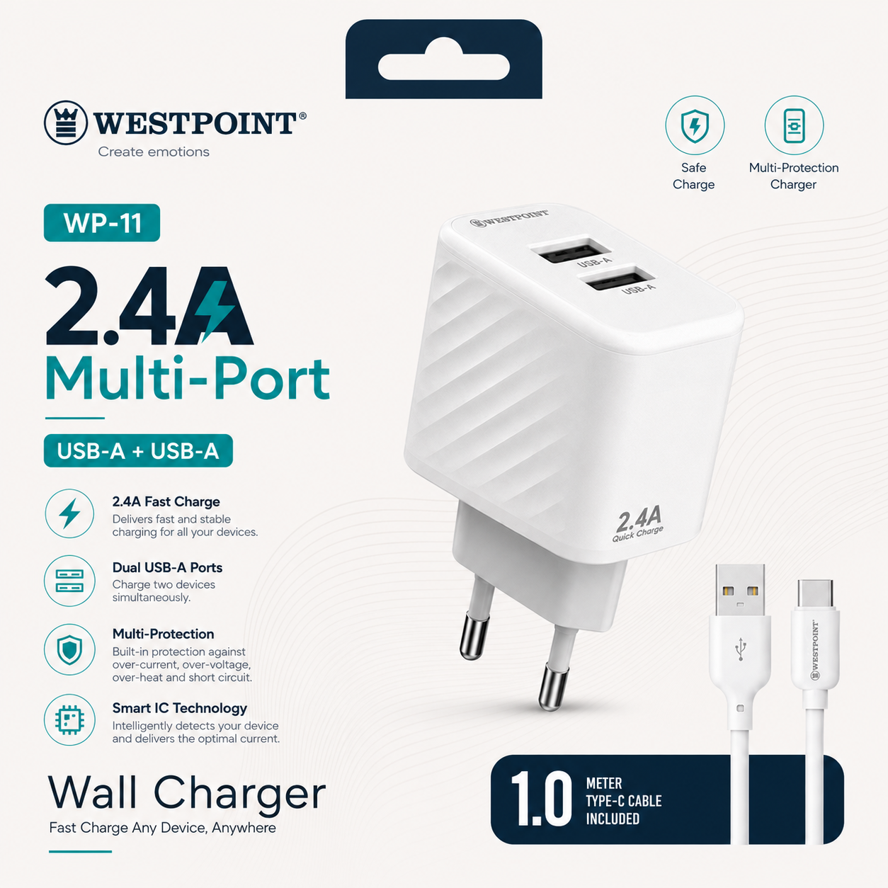 WESTPOINT WP-11 2.4A Multi-Port Wall Charger