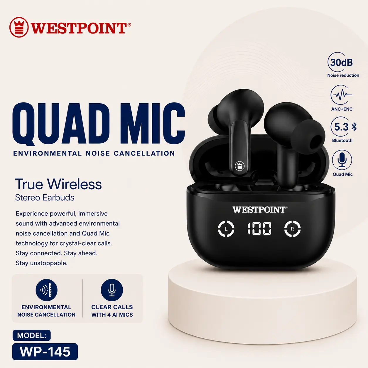 Westpoint WP-135 True Wireless Stereo Earbuds – ANC Quad Mic