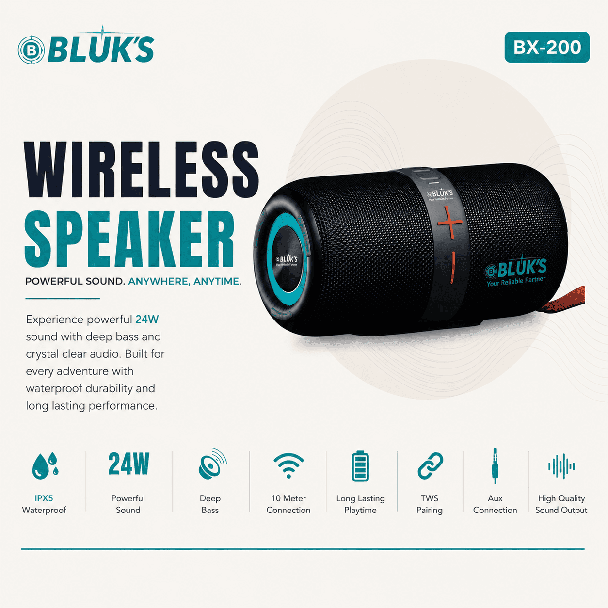 BLUK'S BX-200 Wireless Speaker – 24W Powerful Bass | Waterproof IPX5 Portable Bluetooth Speaker
