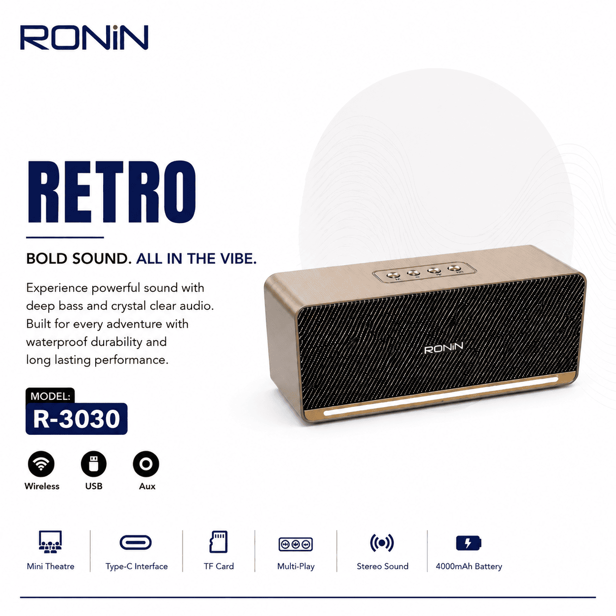 RONIN Retro Wireless Speaker – Premium Design | Deep Bass | Bluetooth Portable Speaker