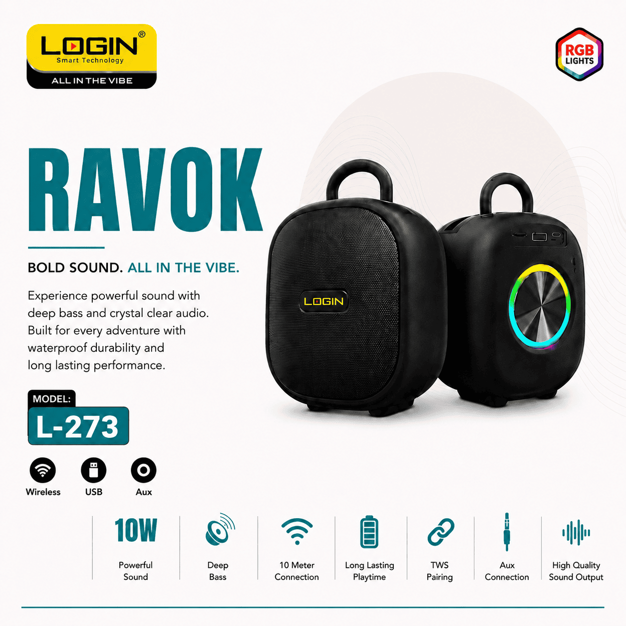 LOGIN Ravok L-273 Portable Speaker – RGB Lights | 10W Powerful Sound | Wireless Bluetooth Speaker