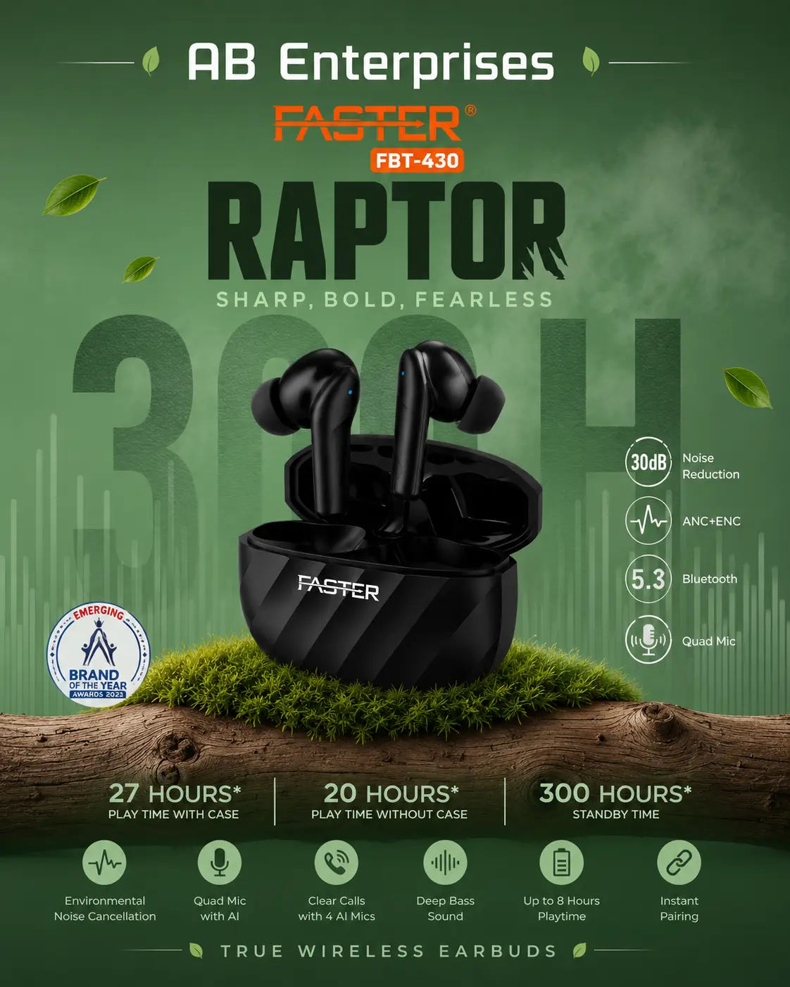 Faster Raptor FBT-430 Wireless Earbuds – ANC + ENC