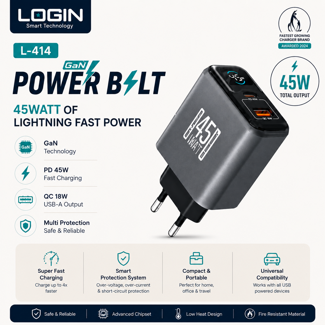 LOGIN L-414 GaN Power Bolt 45W Fast Charger