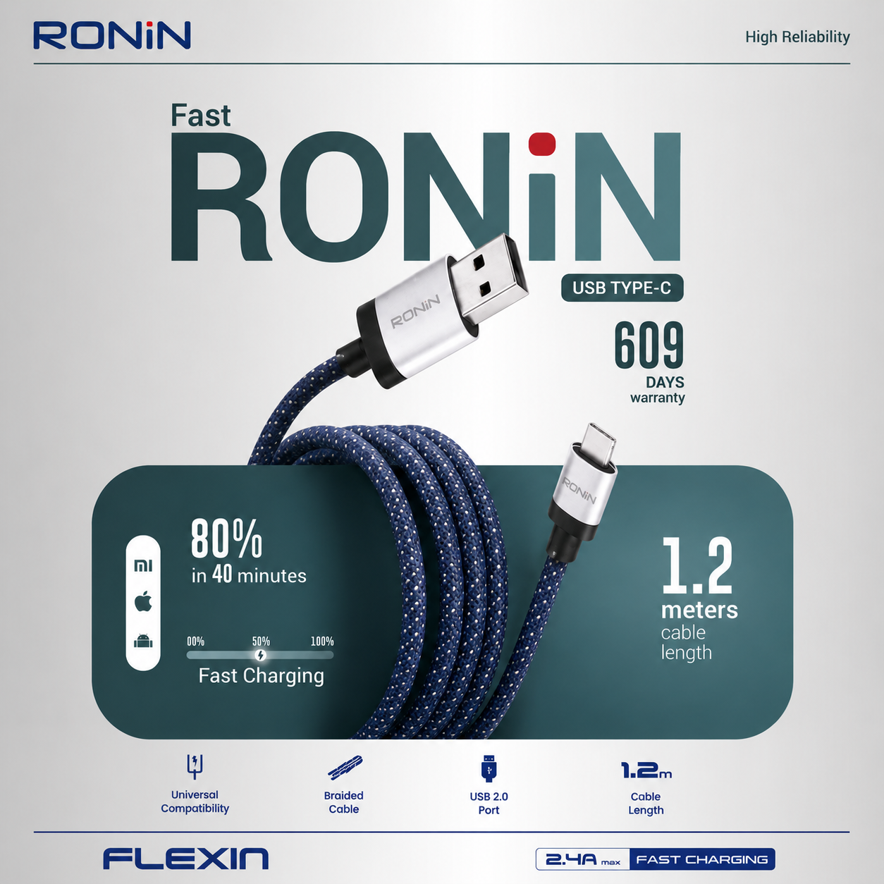 RONIN FLEXIN 2.4A USB to Lightning Fast Charging Cable
