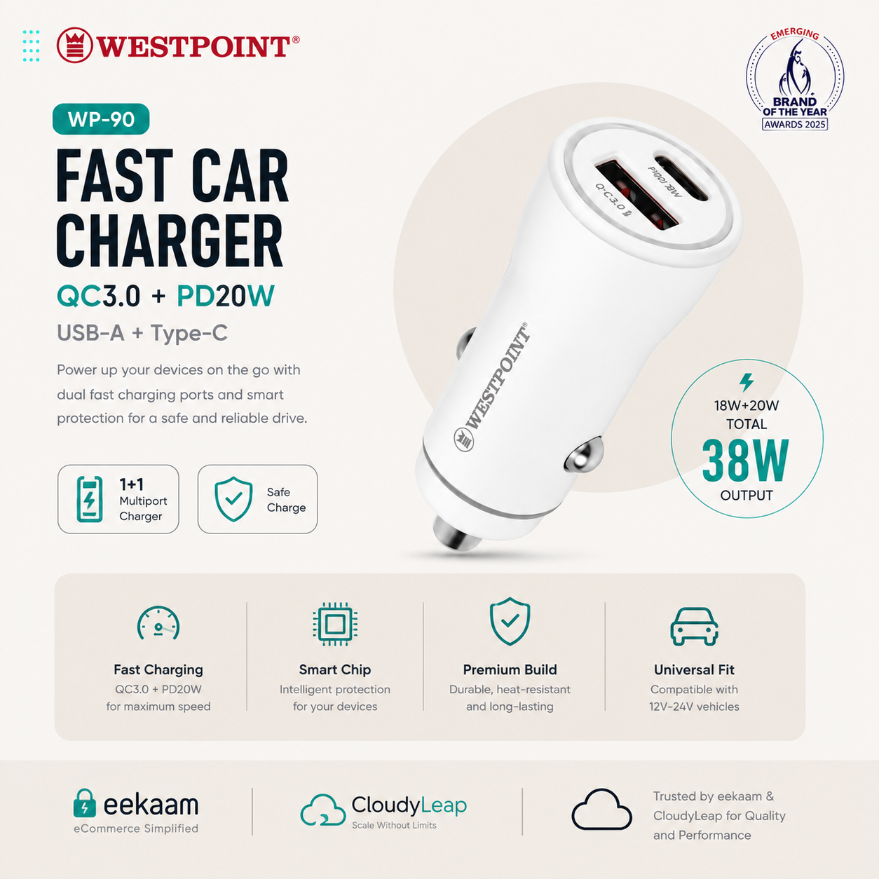 WESTPOINT WP-90 QC3.0 + PD20W Fast Car Charger
