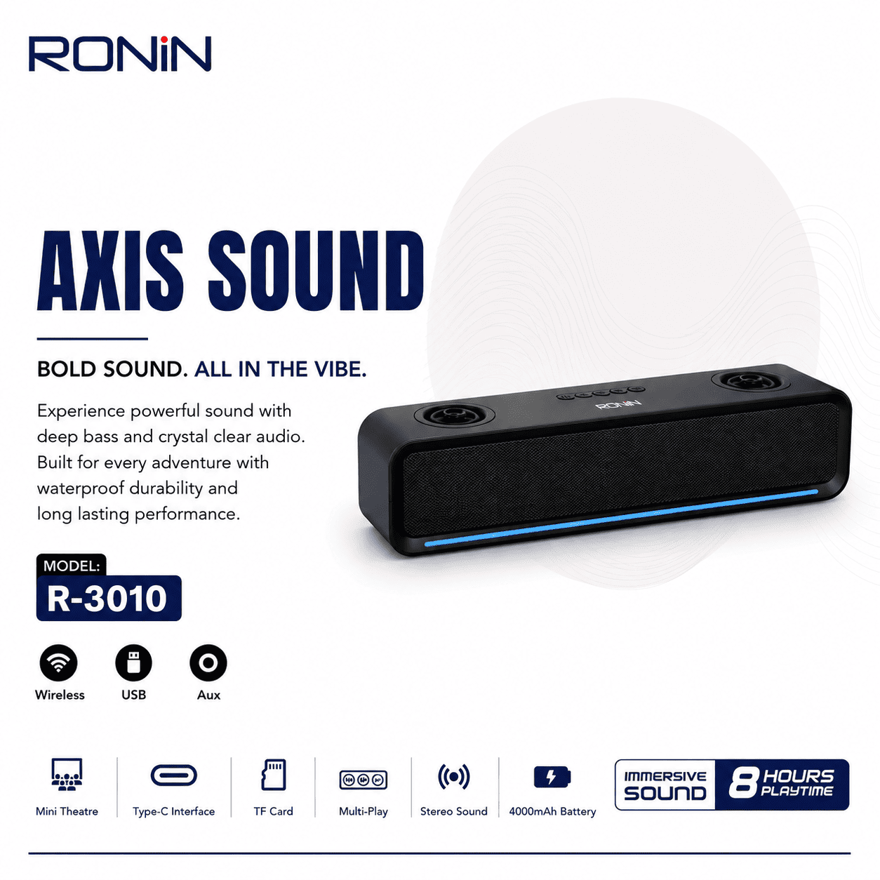 RONIN Axis Sound R-3010 Wireless Soundbar – Deep Bass | 8 Hours Playtime | Portable Speaker