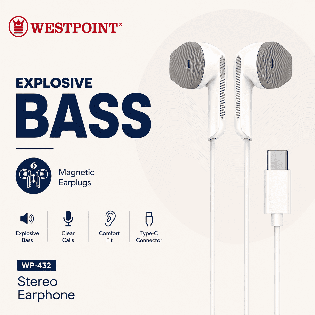 Westpoint WP-432 Type-C Stereo Earphones – Explosive Bass
