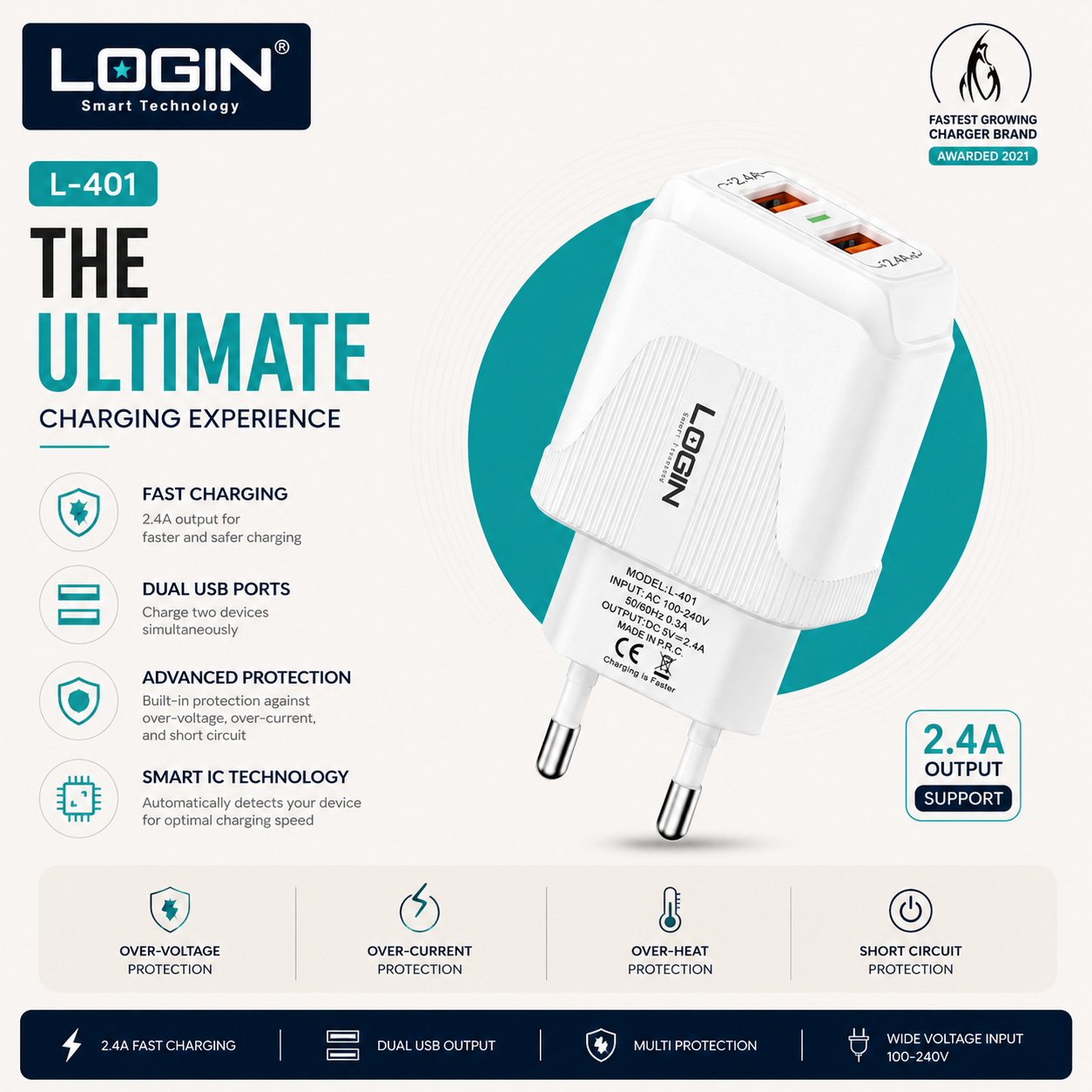 LOGIN L-401 Dual USB Fast Wall Charger