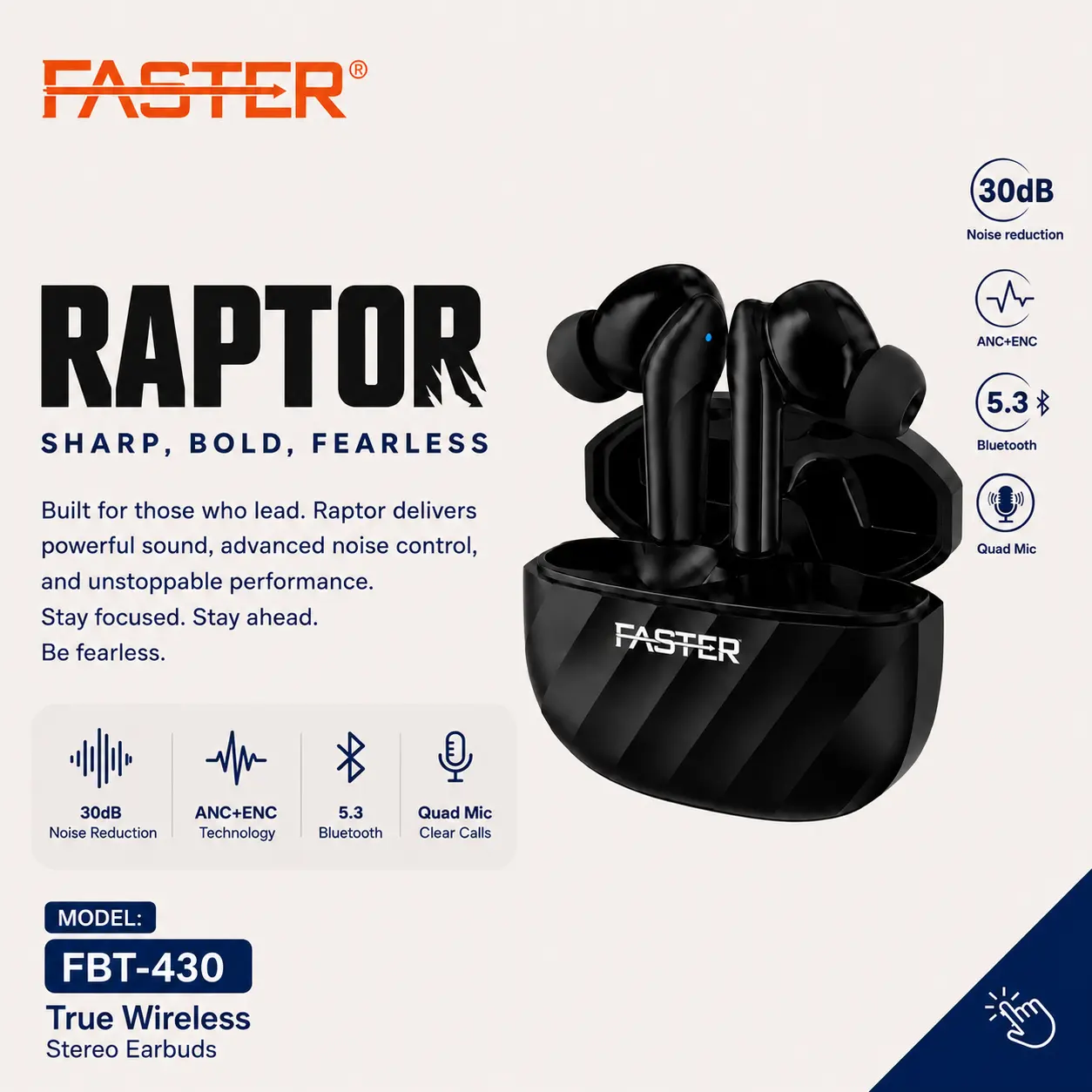 Faster Raptor FBT-430 Wireless Earbuds – ANC + ENC