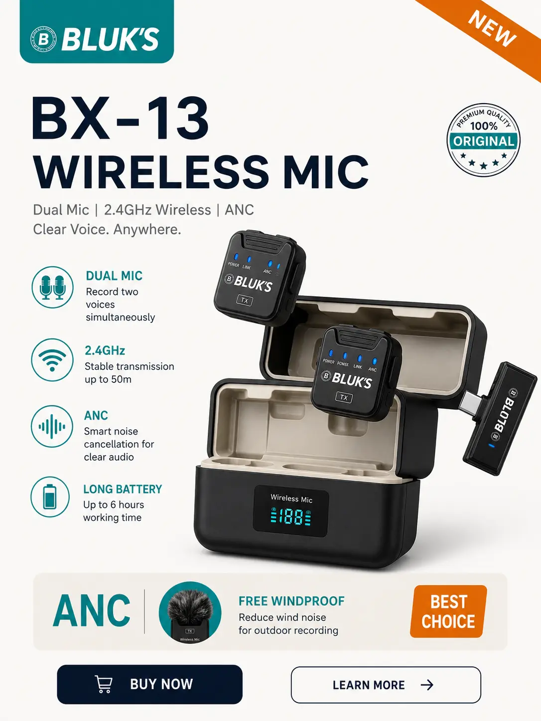 BLUK'S BX-13 Wireless Microphone with ANC & Dual Mic System