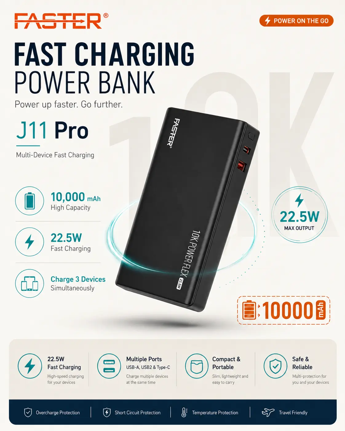 Faster J11 Pro 10K Power Flex Power Bank – 10000mAh